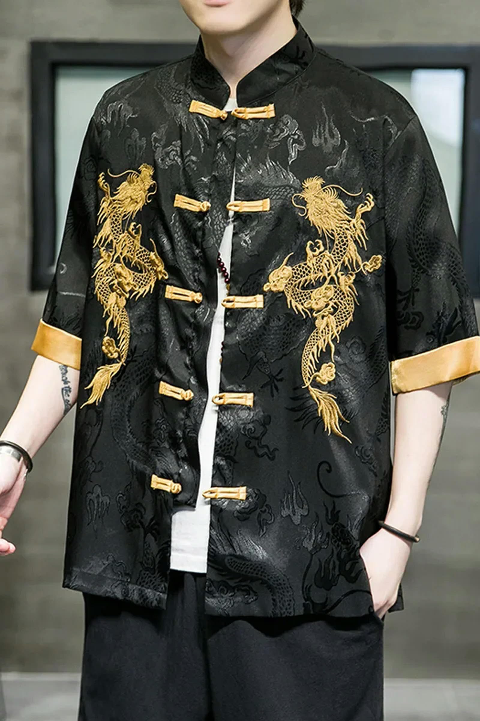 チャイナ服　刺繍　ドラゴン　ゴールド×ブラック　トップス　アウター　ジャケット Amazon.co.jp: メンズ ドラゴン刺繍ジャケット シャツ 東洋 古代